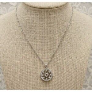 Rhinestone Medallion Pendant Necklace Silver tone Art Deco Style